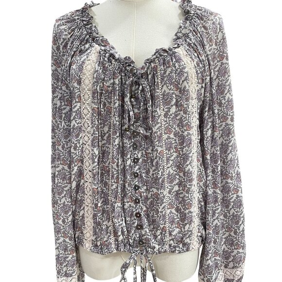 Olivaceous Boho Floral Peasant Blouse Cottagecore Lace Ruffle Dainty Tie Top M - Picture 5 of 11